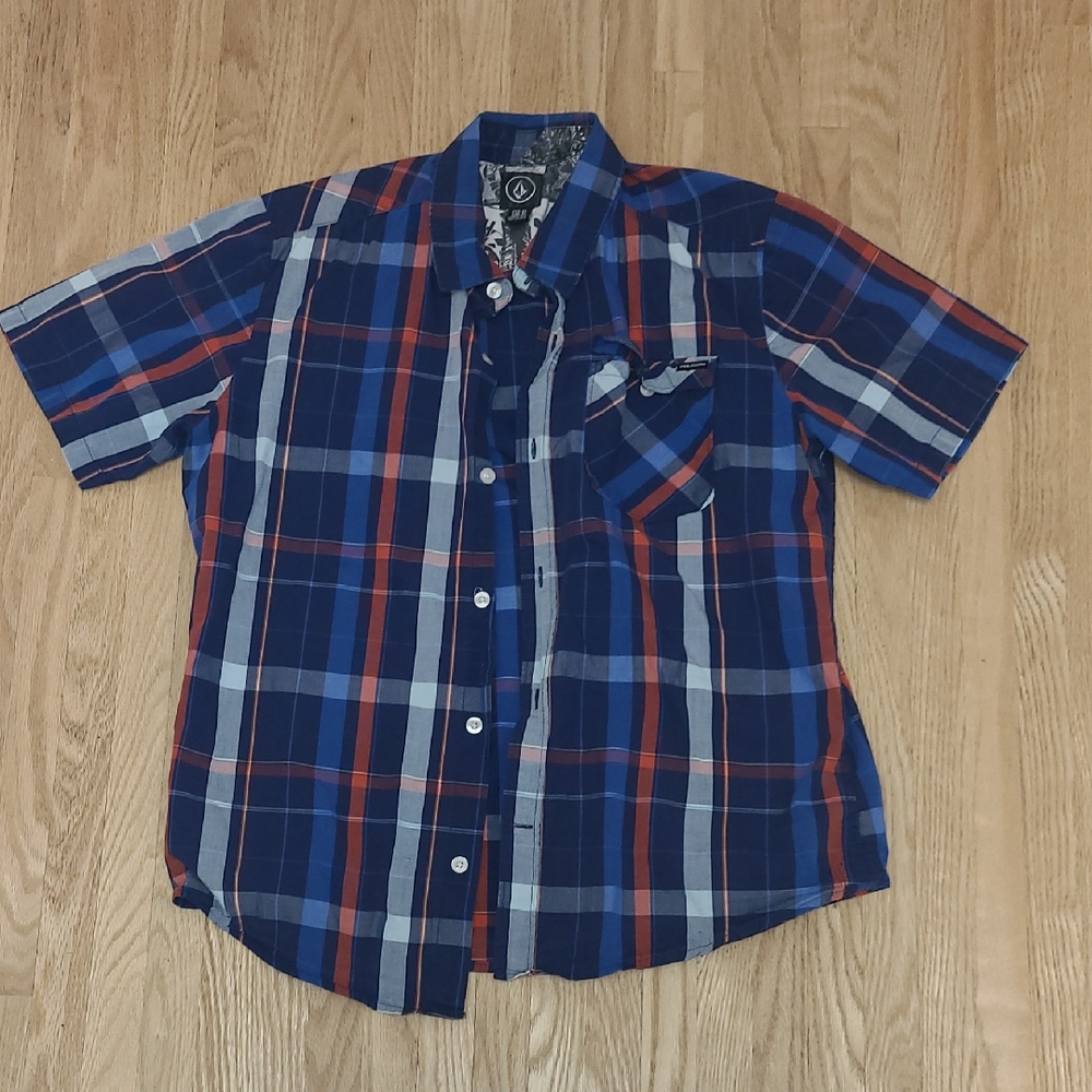 Volcom Navy and Red Plaid Button Down Shirt